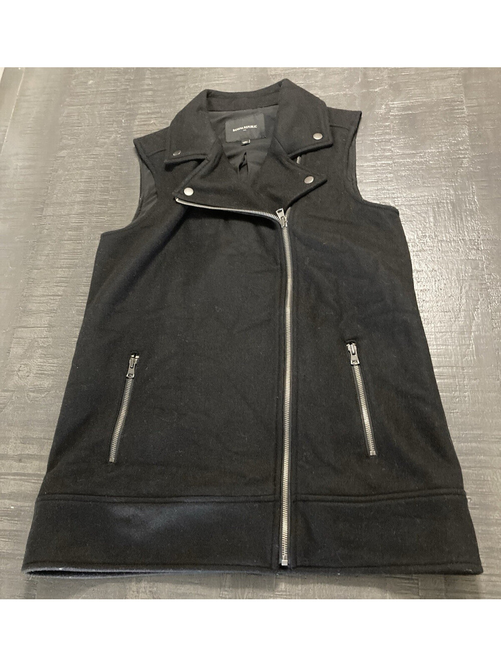 Banana Republic Wool Blend Long Vest Womens Full Zip Size M Black Edgy Rocker